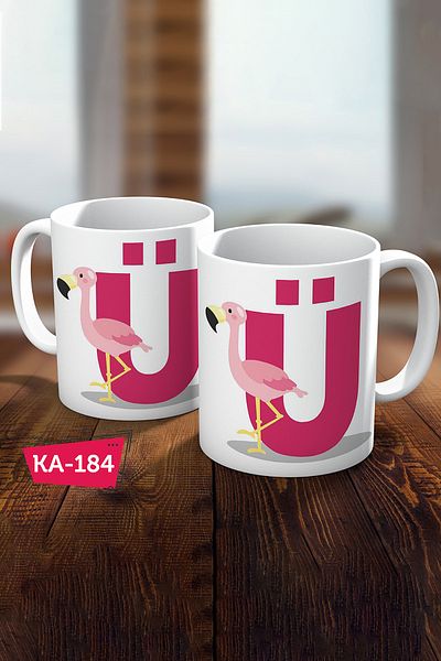 Biz Dijital Letter Ü Printed Pink Flamingo Gift Mug Cup