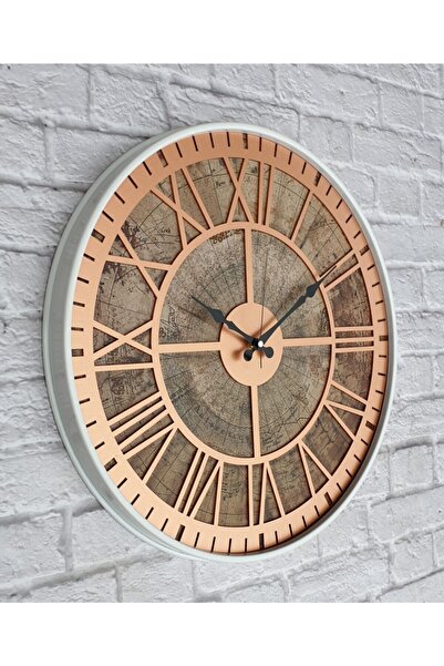 Markakanvas Gri Metal Kasalı Eski Dünya Haritalı Duvar Saati Bakır 50cm