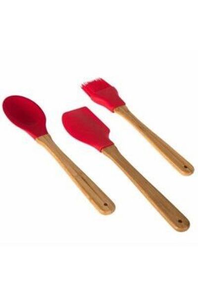 Ardıç Store 3-Piece Bamboo Handled Silicone Spoon - Spatula - Brush Heat Resistant Kitchen Set