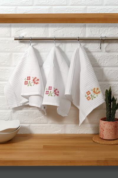kozavitrin Pamuk Çiçek Kanaviçe Nakışlı Mutfak Havlusu Kurulama Bezi 3 Adet 4...