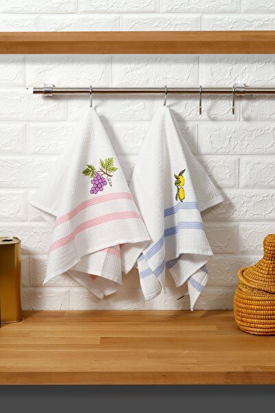 kozavitrin 2 Adet 50x75 cm %100 Pamuk Meyveli Kanaviçe Nakışlı Mutfak Havlusu Kurulama Bezi