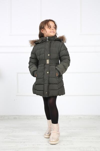 B&T Palton puf de pluș kaki pentru fete, cu centură detașabilă