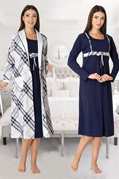 Lohussa Effort Navy Blue μακρυμάνικο καρό νυχτικό εγκυμοσύνης σετ ρόμπα