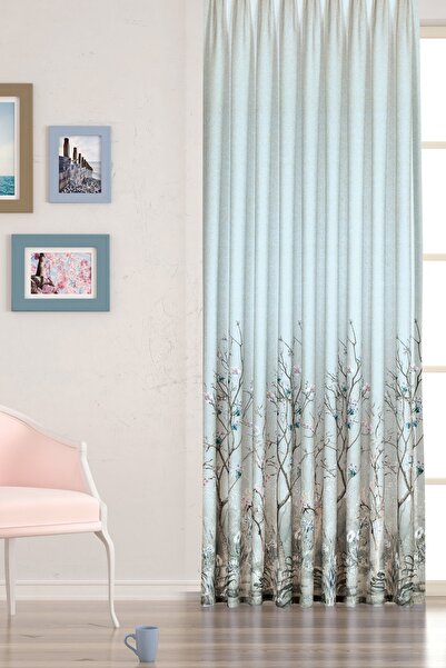 Mürdüm Perde Dijital Baskılı Ketensi Dokulu Etek Baskılı Fon Perde