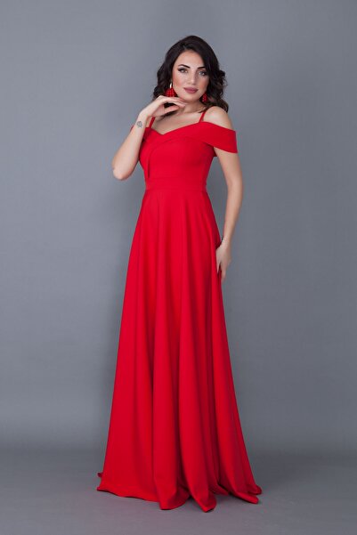 Bidoluelbise Kadın Askılı Düşük Omuz Detay Maxi Boy Kloş Kırmızı Abiye Nişan Kına Ve Mezuniyet Elbisesi