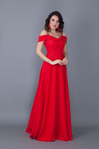 Bidoluelbise Kadın Askılı Düşük Omuz Detay Maxi Boy Kloş Kırmızı Abiye Nişan Kına Ve Mezuniyet Elbisesi