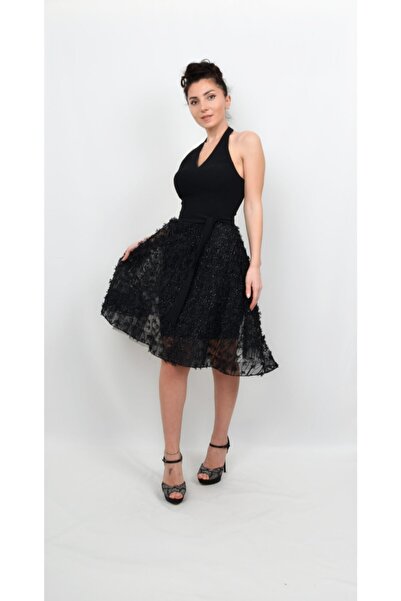 ALİS DRESS Kadın Eteği 3 Boyutlu Çiçek Detaylı Siyah Rengi Elbise