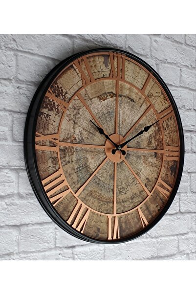 Markakanvas Metal Kasalı Eski Dünya Haritalı Duvar Saati Bakır 50cm