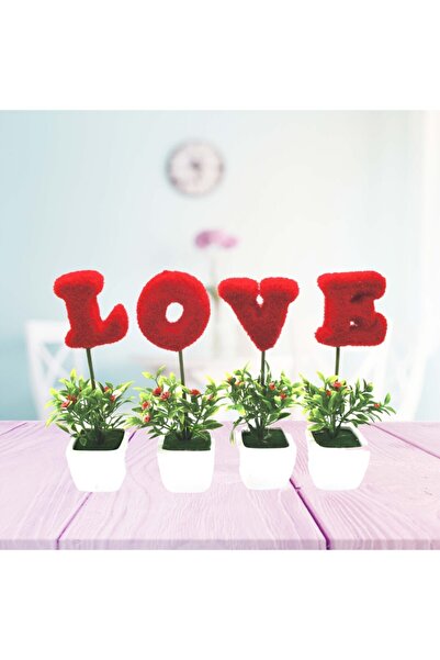 Cansüs Kırmızı Love Yazılı Saksılı Yapay Çiçek  18 cm