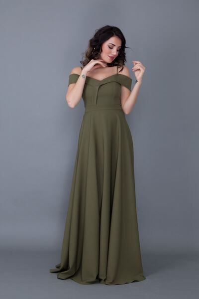 Bidoluelbise Γυναικείο λουράκι με λεπτομέρεια μάξι μήκους βραδινό φόρεμα χακί αρραβώνων και αποφοίτησης