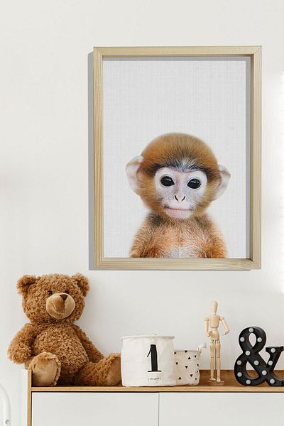 Dekor Loft Pictură murală pentru camera bebelușilor și copiilor cu ramă de pin natural Maimuță drăguță