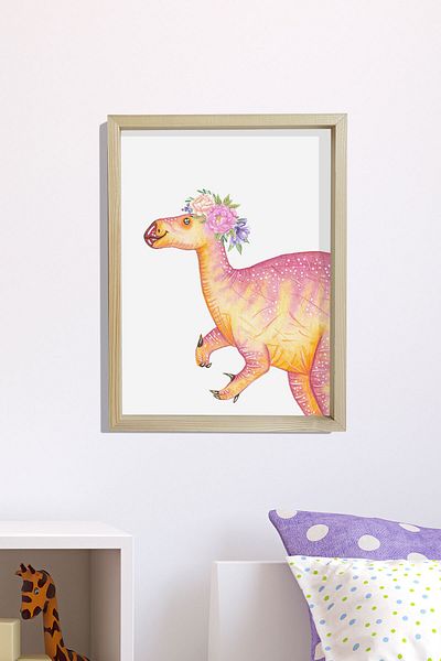 Dekor Loft Pictură murală pentru camera bebelușilor și copiilor cu cadru natural de pin Dinozaur drăguț cu flori