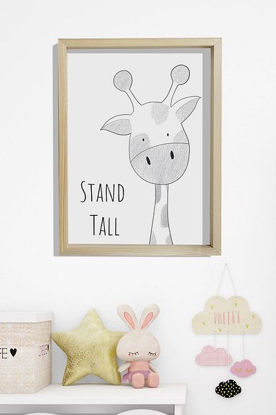 Dekor Loft Pictură murală pentru camera bebelușilor și copiilor cu cadru natural de pin Stand Up - Girafă