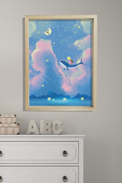 Dekor Loft Pictură murală pentru camera bebelușilor și copiilor cu cadru natural de pin Balenă drăguță și cer