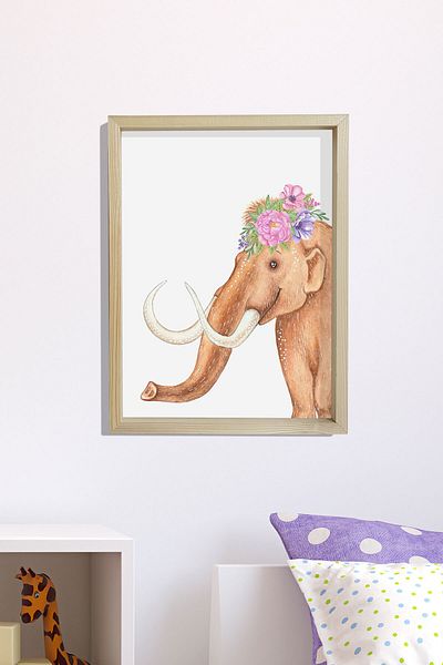Dekor Loft Pictură murală pentru camera bebelușilor și copiilor cu cadru natural de pin Dinozaur drăguț cu flori