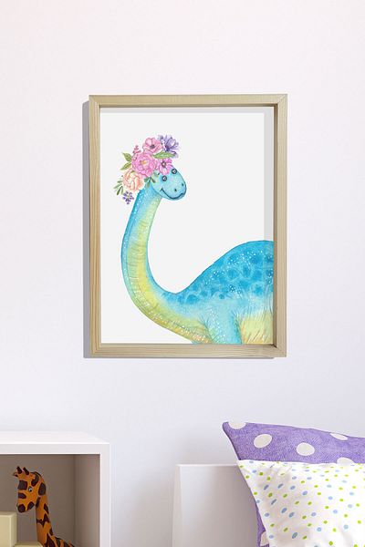 Dekor Loft Pictură murală pentru camera bebelușilor și copiilor cu cadru natural de pin Dinozaur drăguț cu flori