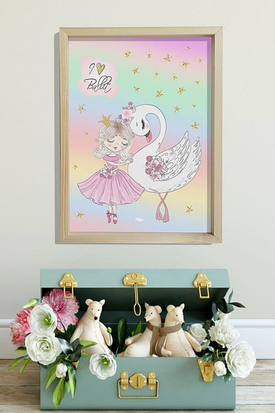 Dekor Loft Pictură murală pentru cameră pentru bebeluși și copii cu cadru de pin natural Curcubeu Balerina și lebădă drăguță