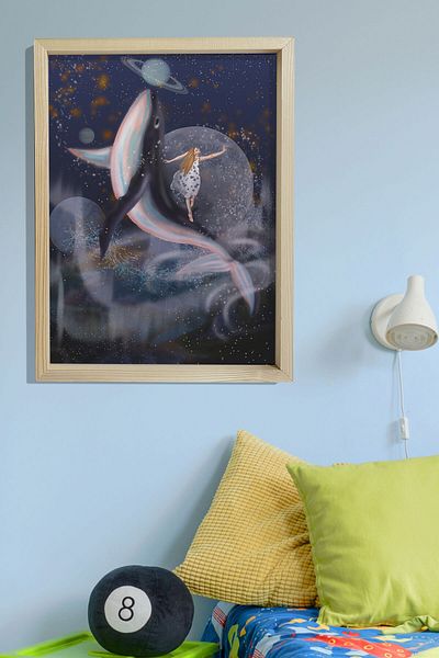 Dekor Loft Pictură murală pentru cameră pentru bebeluși și copii cu cadru de pin natural Balenă și spațiu