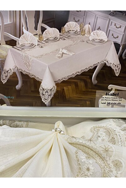 Aksuhome Lüx Güpürlü Gardenya Kumaş Masa Örtüsü Takımı 26 Parça Yemek Seti Çe...