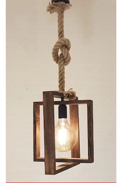 LENAOKSAN Iki Ahşaplı Kare Tekli Avize 703 El Yapımı Özel Tasarım