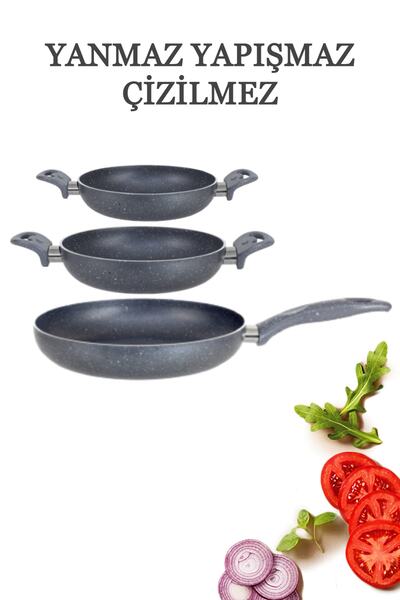 HAZARPAZAR Granit Tava 28 Cm & Çift Kulp Omlet 20 - 24 Cm 3'lü Set