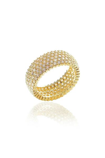 Candie Silver Altın Sarısı Beş Sıra Tam Tur Taşlı 925 Ayar Gümüş Bayan Yüzük