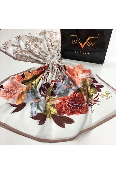 19V69 ITALIA White Pink Shawl Floral Pattern Pavia Series with Scarf Hanger and Gift Set 90x200 Cm