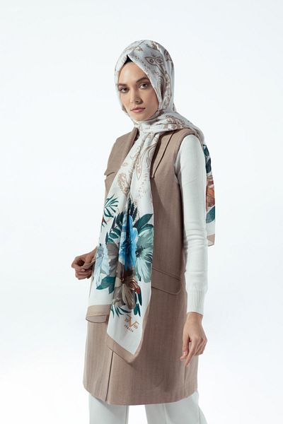 19V69 ITALIA White Beige Shawl Floral Pattern Pavia Series with Scarf Hanger and Gift Set 90x200 Cm