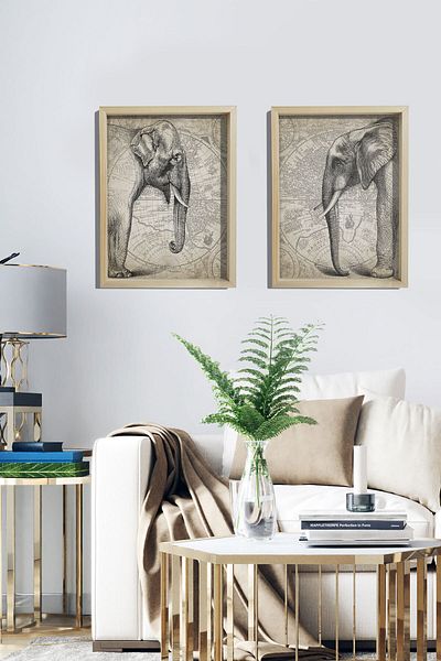 Dekor Loft Ζωγραφική τοίχου με φυσικό πεύκο Αφρικανικά ελέφαντες και αρχαίος χάρτης
