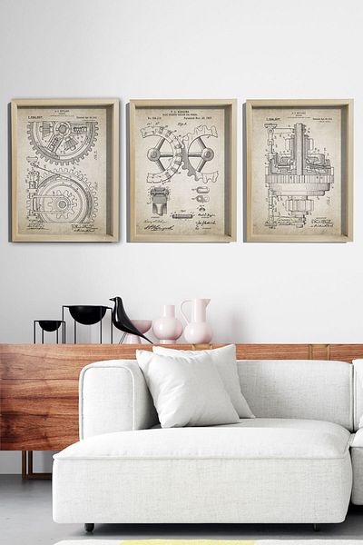 Dekor Loft Pictură de perete cu cadru de pin natural Steampunk Patent Prints 1897