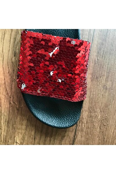 Pomidik Women's Red Sequin Single Strap Summer Slippers