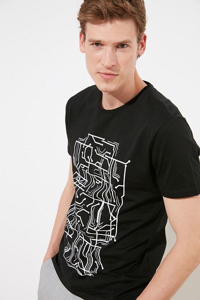 Trendyol Collection Βαμβακερό μπλουζάκι σε μαύρο εμπριμέ λεπτή εφαρμογή - TMNSS20TS0088
