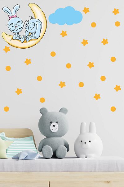 Tilki Dünyası Cute Rabbits Sitting on the Moon Yellow Stars Polka Dots Blue Cloud Kids Room Sticker