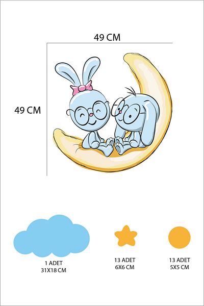 Tilki Dünyası Cute Rabbits Sitting on the Moon Yellow Stars Polka Dots Blue Cloud Kids Room Sticker