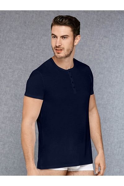 Doreanse Men's Micromodal Buttoned Navy Blue Round Neck Short Sleeve T-Shirt