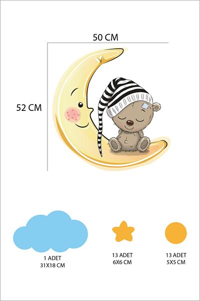 Tilki Dünyası Cute Teddy Bear Sleeping on the Moon Stars Yellow Polka Dots and Blue Cloud Kids Room Sticker