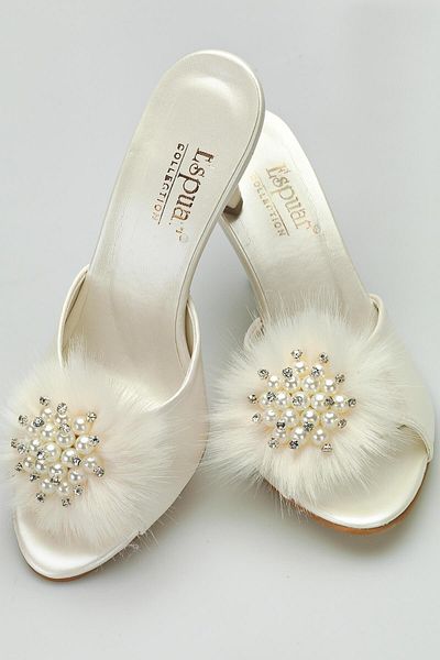 Espuar Women's Ecru Furry Round Stone Heeled Slippers