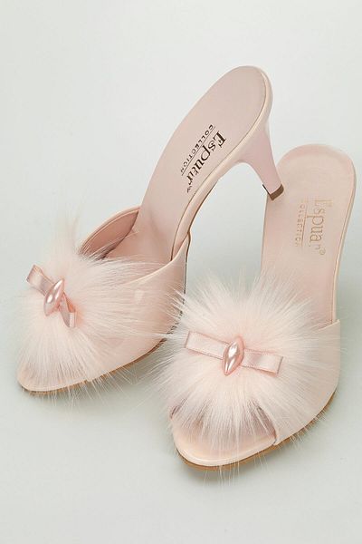 Espuar Women's Furry Round Stone Heeled Slippers Powder 503