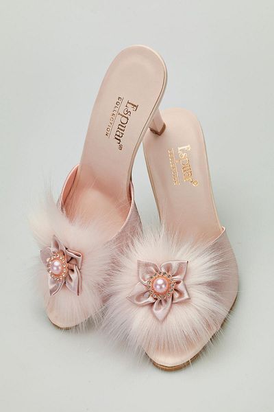 Espuar Women's Powder Feathered Flower Bow and Stone Heeled Slippers 545
