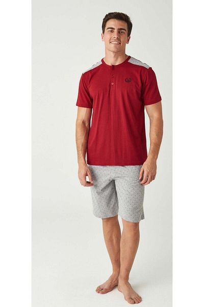 Mod Collection Men's Claret Red Navy 3-Piece Pajama Set with Shorts