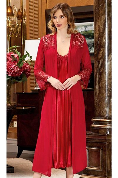 Jeremi Women's Burgundy Dowry Silk Satin Lace Long Six-Piece Set - 627