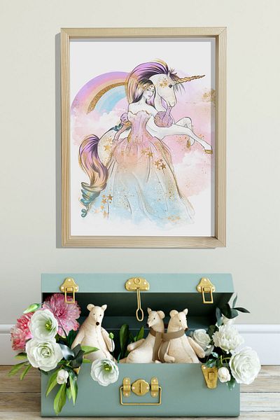 Dekor Loft Pictură murală pentru camera bebelușilor și copiilor cu cadru de pin natural Krelye și unicorn