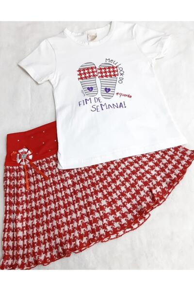 Sönmez Baby Kız Çocuk Kırmızı Kazayağı Desen Piliseli Etekli Bluzlu Takım
