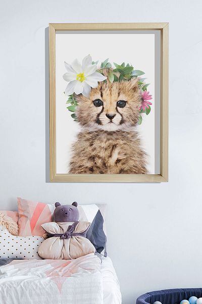 Dekor Loft Pictură murală pentru cameră pentru bebeluși și copii cu cadru de pin natural Puma cu flori