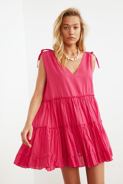 Trendyol Collection Fukszia széles szabású mini szövött fodros 100% pamut strandruha TBESS21EL1247