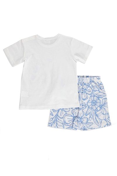 Luggi Girl's White Blue Bird Patterned Cotton Short Sleeve Snap Collar Set of 2
