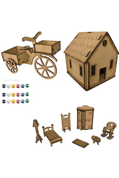 Joy and Toys Jk6 Ahşap Ev+bisiklet+minyatür Ev Eşyaları Boyama Seti Aktivite