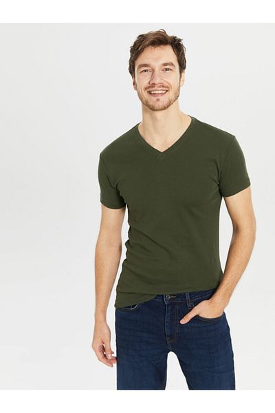 LC Waikiki Men's Khaki T-shirt V-neck Short Sleeve Cotton Basic from Your Fashion Style