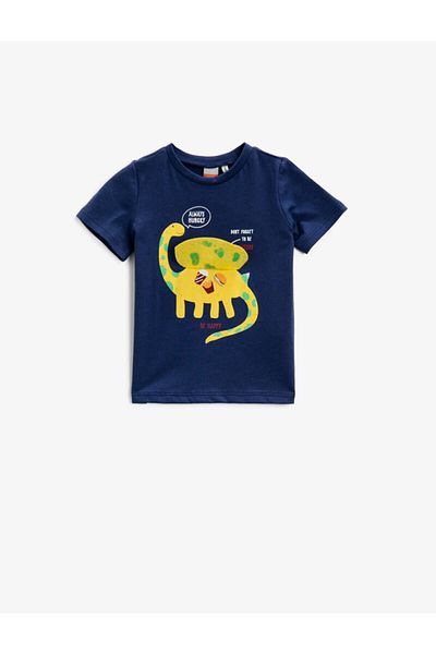 Koton Baby Boy Navy Blue Short Sleeve Printed Crew Neck Cotton T-Shirt