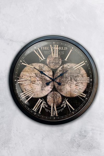 Kasva Concept Ceas de perete cu hartă lumii din metal negru de 40 cm